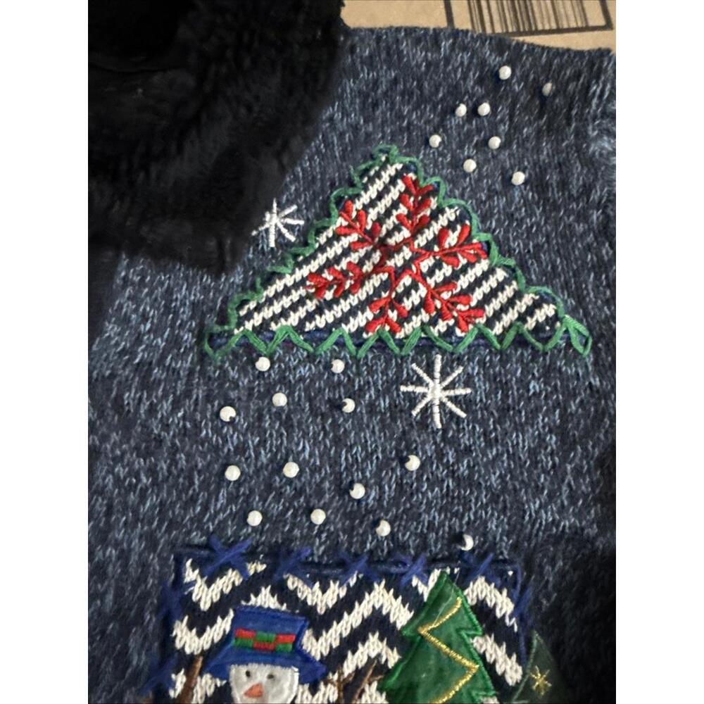 VTG Christmas Sweater Cardigan Sz M Erika Snowman Snowflakes Embroidered Pearls - Picture 4 of 12